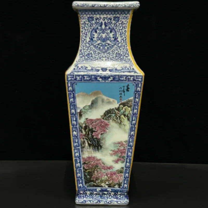 Antique Ceramic Qing Qianlong Blue and White Four Seasons Pattern Square Vase Home Office Chinese style Decorative Ornament