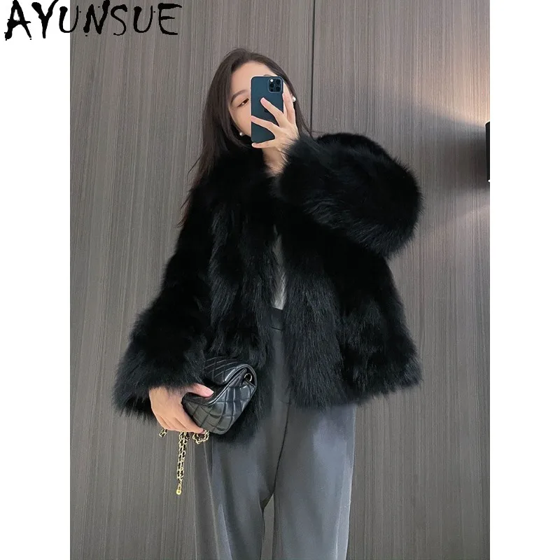 

AYUNSUE Natural Fox Fur Coat Woman Luxury Winter Warm Fur Jacket Short Outerwears Long Sleeve Tops Woman Clothes Manteau Femme