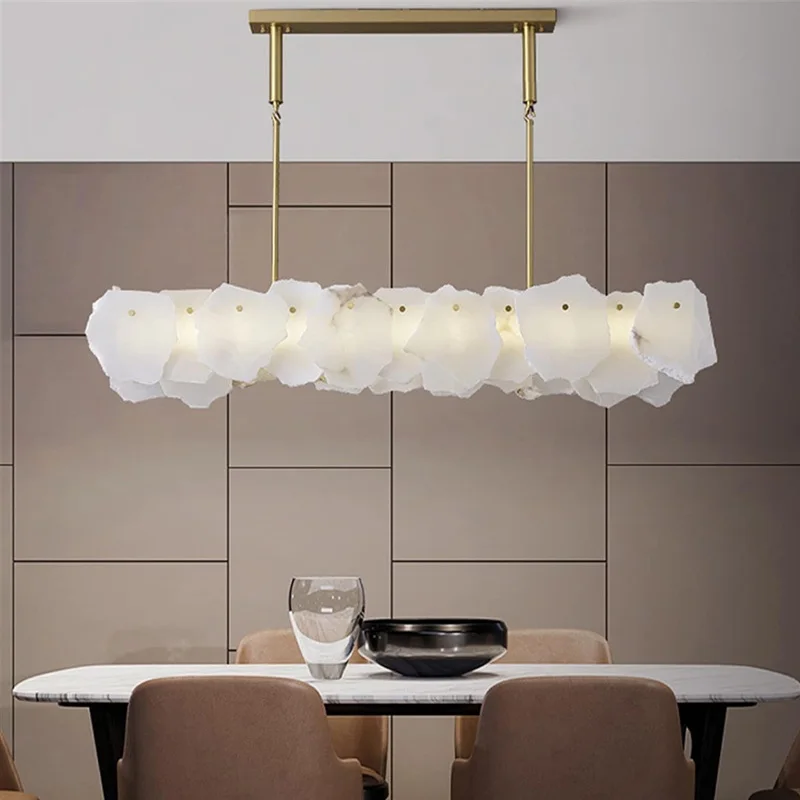 

Luxury rectangle Alabaster Chandeliers Modern Designer Home Living Room Dining Table Ceiling Metal Marble Pendant Light