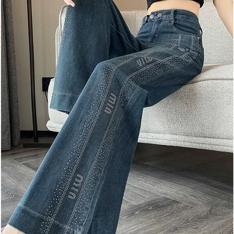 

Женские осенние новые стильные широкие джинсы, супер популярные эластичные свободные брюки с бриллиантами