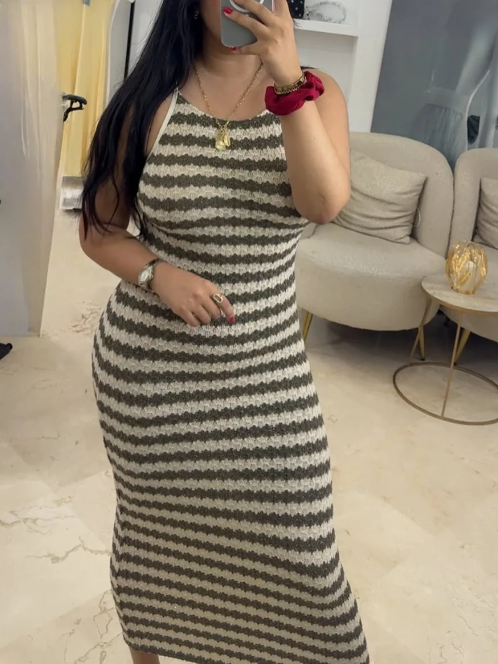 

Sexy Chic Striped Knitted Women Dress V Neck Loose Long Dress New Fashion 2024 Autumn Party Female Cami Dress