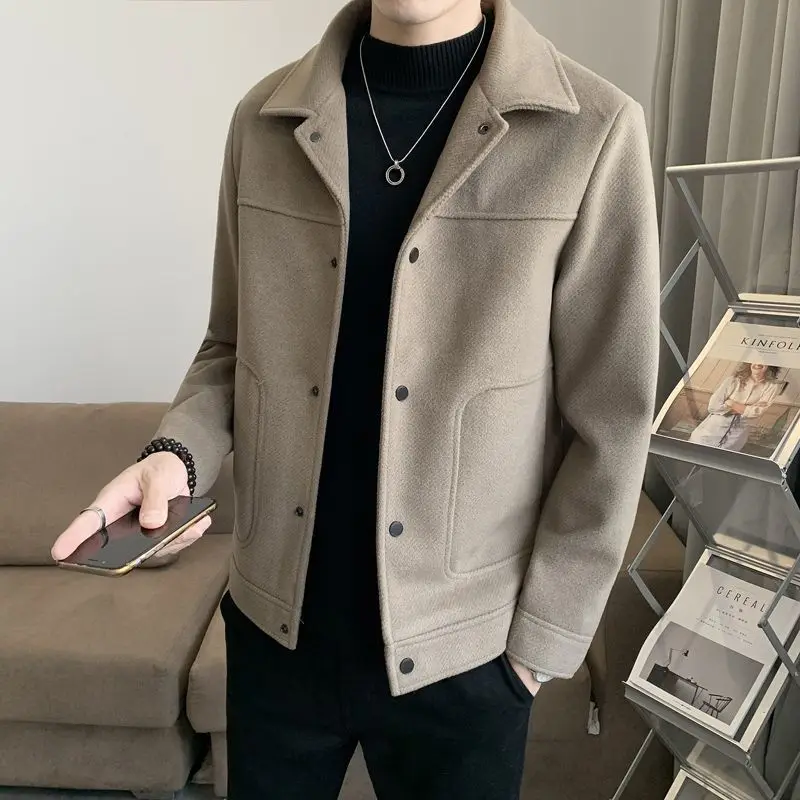 Autumn Winter New Fashion Turn-down Collar Long Sleeve Whisper Solid Jackets Men\'s Clothing Pocket Casual All-match Button Tops