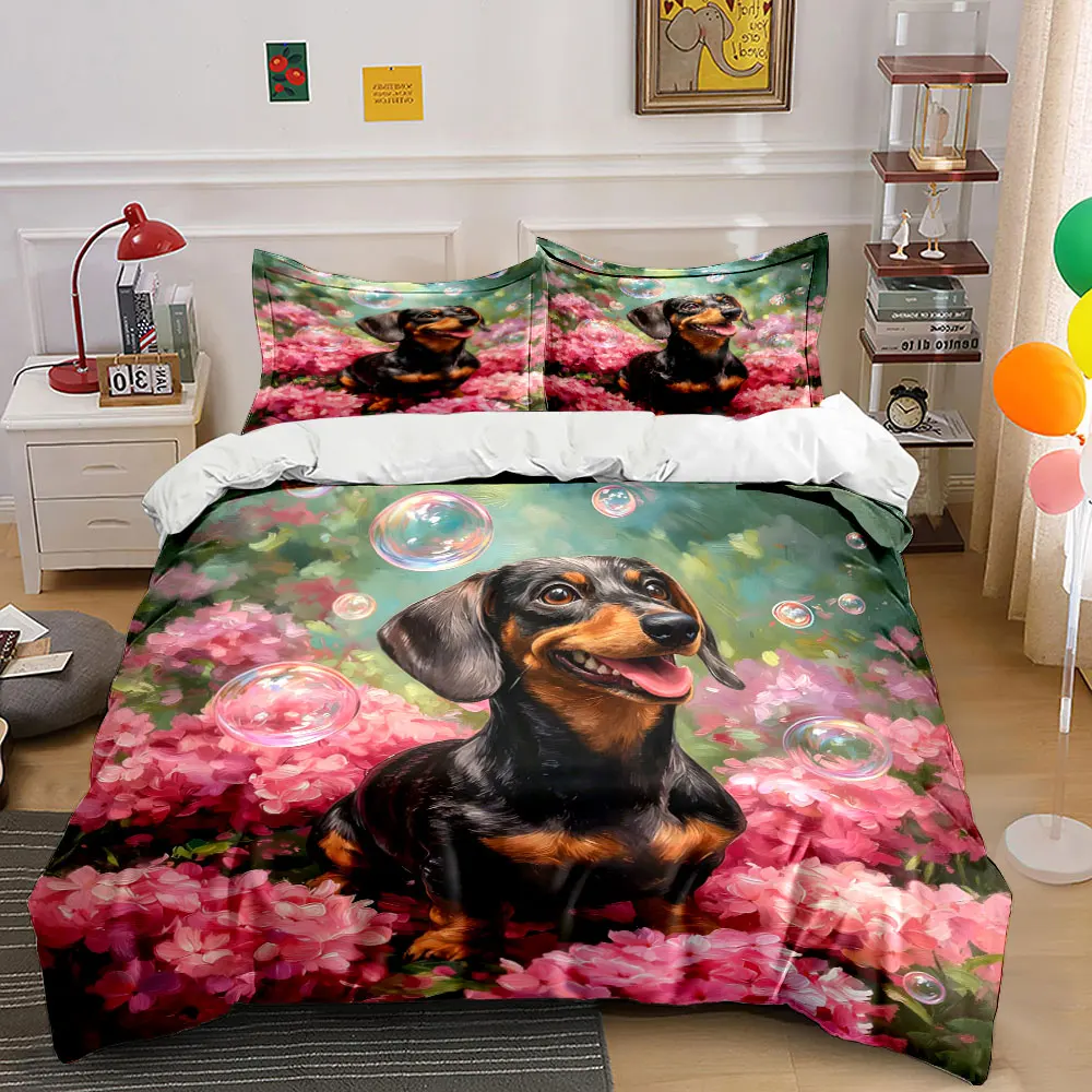 Ensemble Floral Bliss Dachshund pour la décoration de la chambre d'enfants et d'adultes, magnifique ensemble de literie trois pièces en cadeau