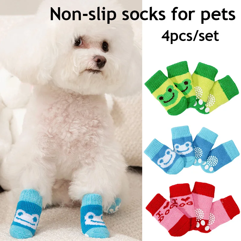 4Pcs Cute Pet Dog Socks with Print Anti-Slip Cats Puppy Shoes Paw Protector Products for Small Breeds Spitz York Dogs Chihuahua