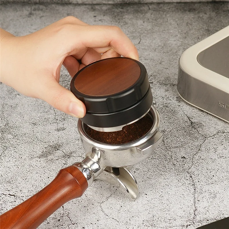 AB45 304 Stainless Steel Espresso Powder Distributor Walnut Cover Coffee Leveler Adjustable Depth Espresso Hand Tampers Black 53
