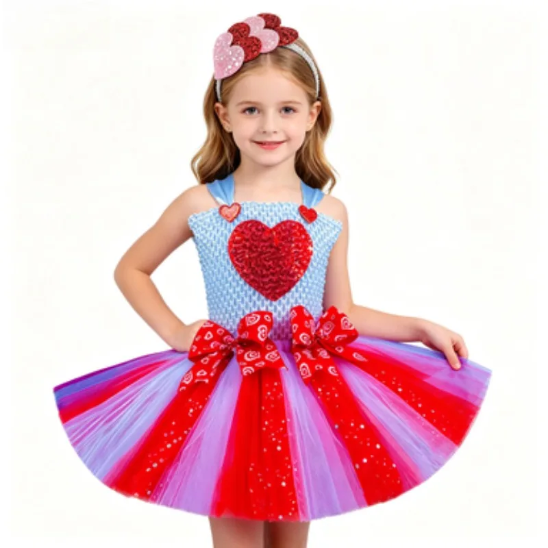 Pink Tulle Tutu Dress for Kids, Sling Tulle Dress Set for Little Girls for Valentine's Day, Outfit for Children's Day  Parties