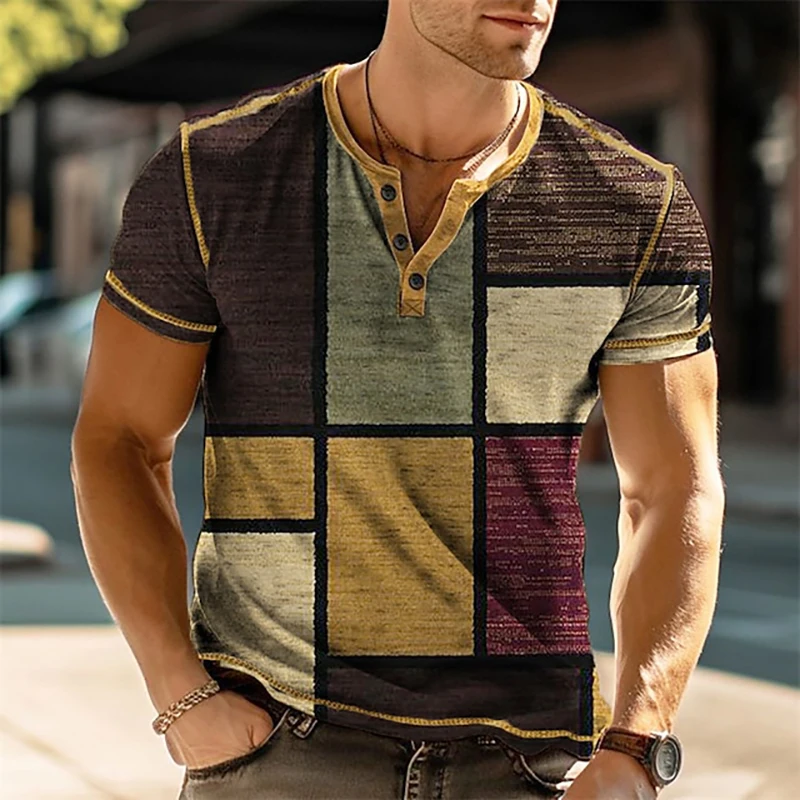 Chemise Henley à Manches Courtes pour Homme, Vêtement Imprimé en Patchwork 3D, à la Mode, avec lèvent, Vintage