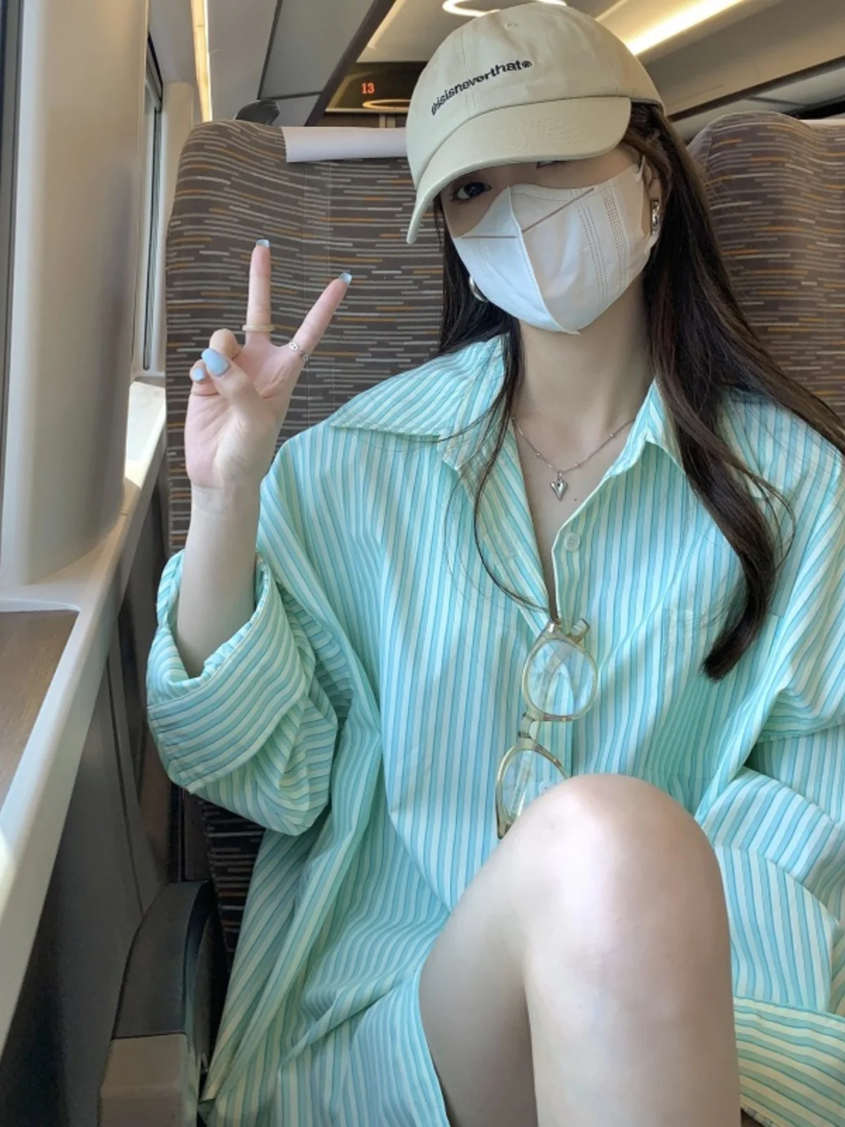 Women's  Collar Striped irt Spring New Loose Long Thin BF Sle Sunscreen Open Cardigan Top Cotton 00% Long Sve