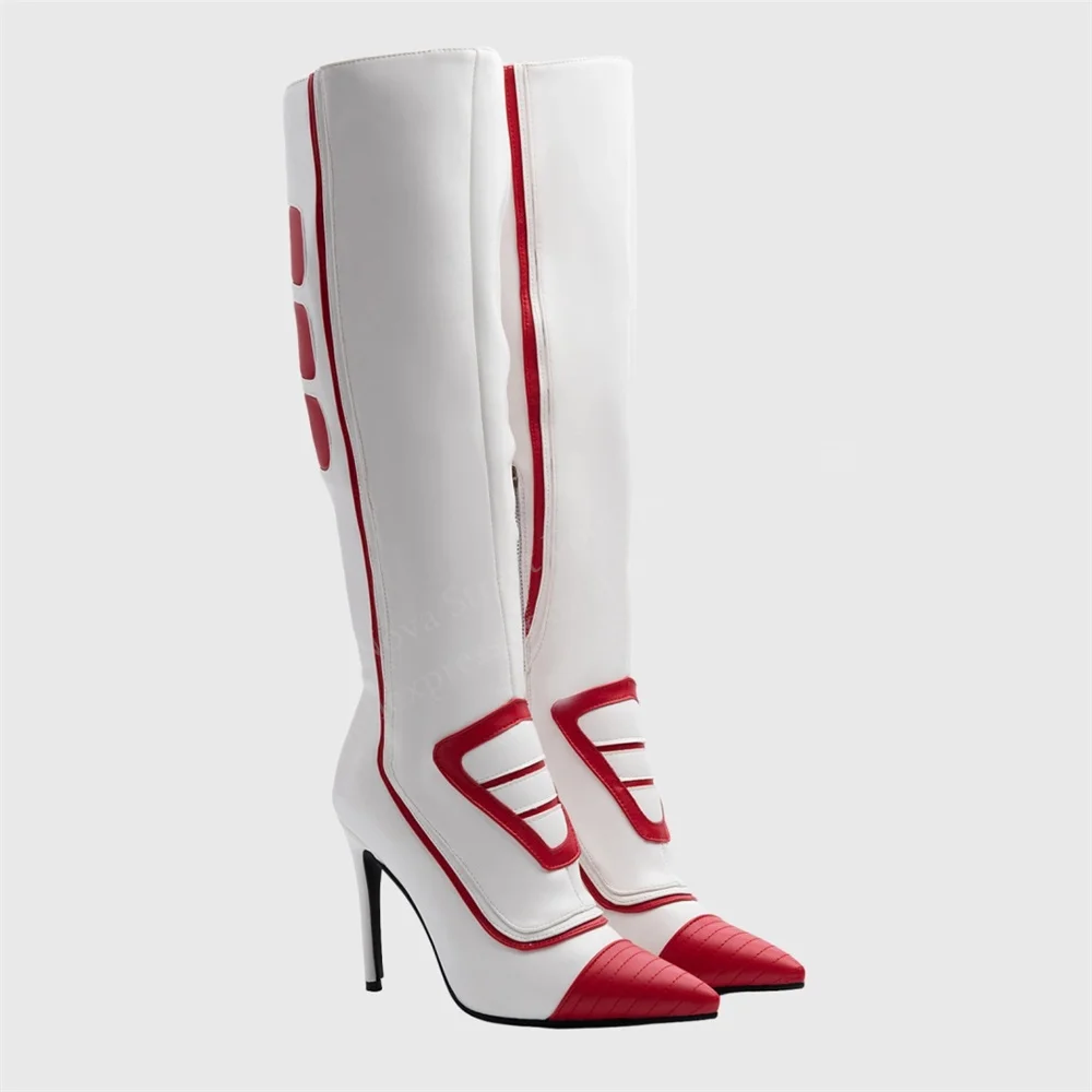 Fashion Mixed Color Knee High Women Boots Sexy Pointed Toe Stiletto Heel Side Zipper Long Boots Ladies Party Dress Winter Boots