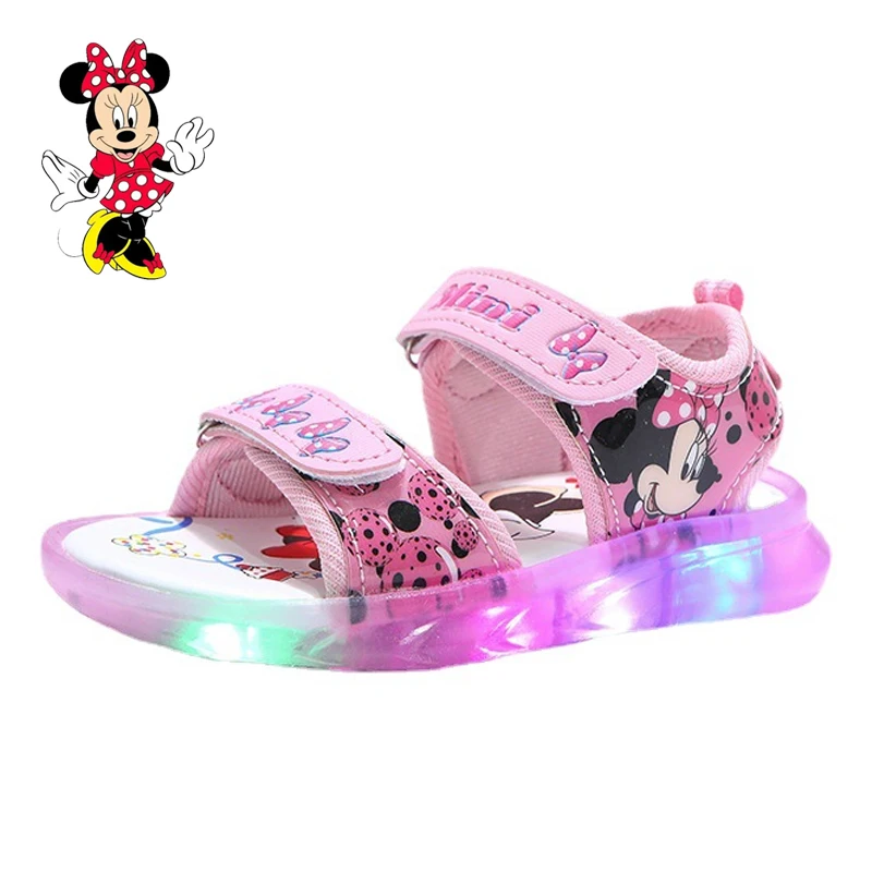 Disney Mickey Mouse Girls\' LED Sandals Summer Children\'s Minnie Sports Beach Pink Purple Girls\' Soft Shining Shoes Size 21-31