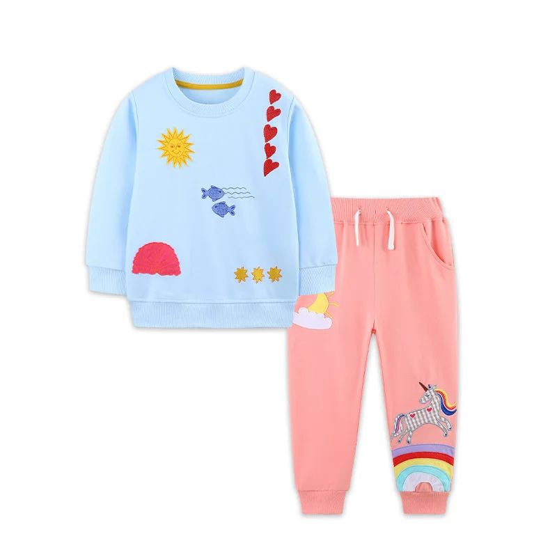 100% Cotton Toddler Girls Clothes Set Sun Fish Heart Embroidery Sweatshirt Unicorn Rainbow Elastic Jogging Pants Kids Tracksuit