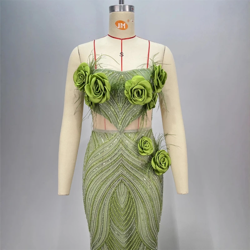 Verde oliva elegante vestido sereia cintilante sem alças sem costas flores sexy corte bodycon bandagem vestido de noite