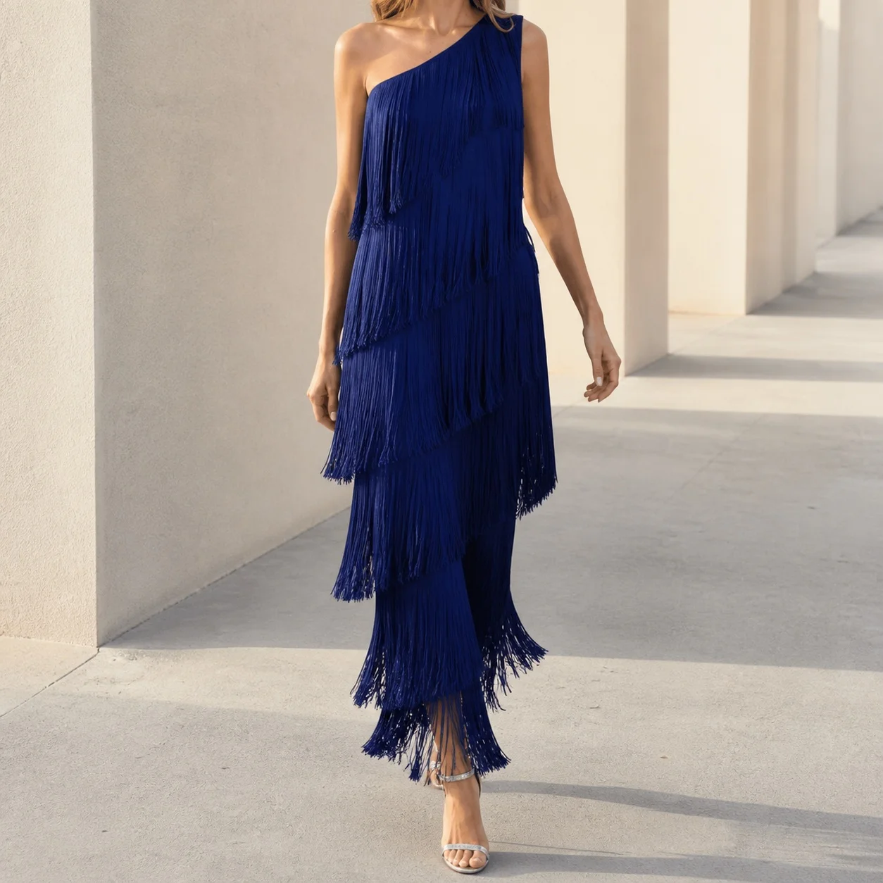 Women One Shoulder Tassel Fringe Midi Dress Sleeveless Layered Hem Party Evening Wedding Guest Cocktail Formal Gown Elegant