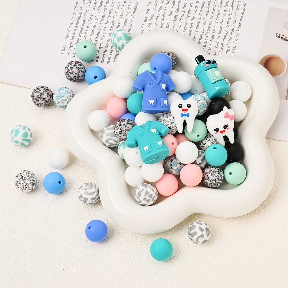 15/75Pcs Dental Care Theme Silicone Beads 15mm Printing Round Loose Beads For DIY Pacifier Chain Jewelry Making Accessories