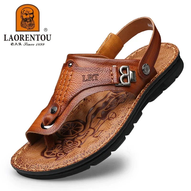 LAORENTOU genuine leather sandals for men\'s outdoor leisure, flip flops with soft soles and anti slip external wearing sandals