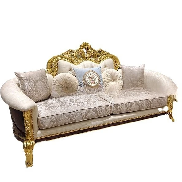 

French court fabric sofa, European-style villa large apartment living room solid wood carving flower noble luxury furniture