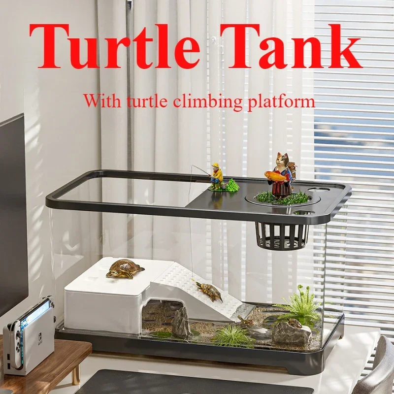 Reptiles Box Large Transparent Turtle Tank with Basking Platform High Definition PET ABS Plastic Anti Drop Aquarium Fish Tank