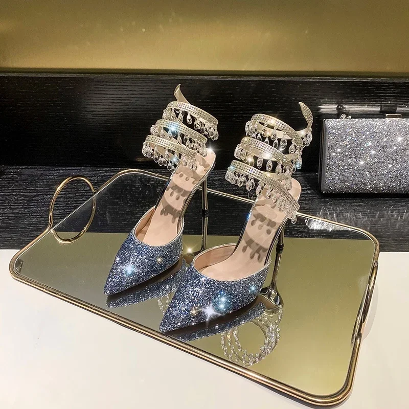 Glitter Sparkly High Heels Women Diamond Pumps Strap Up Paillette Sequin Thin Rhinestone Sandals Fetish Ultra Pointy Toe Shoes