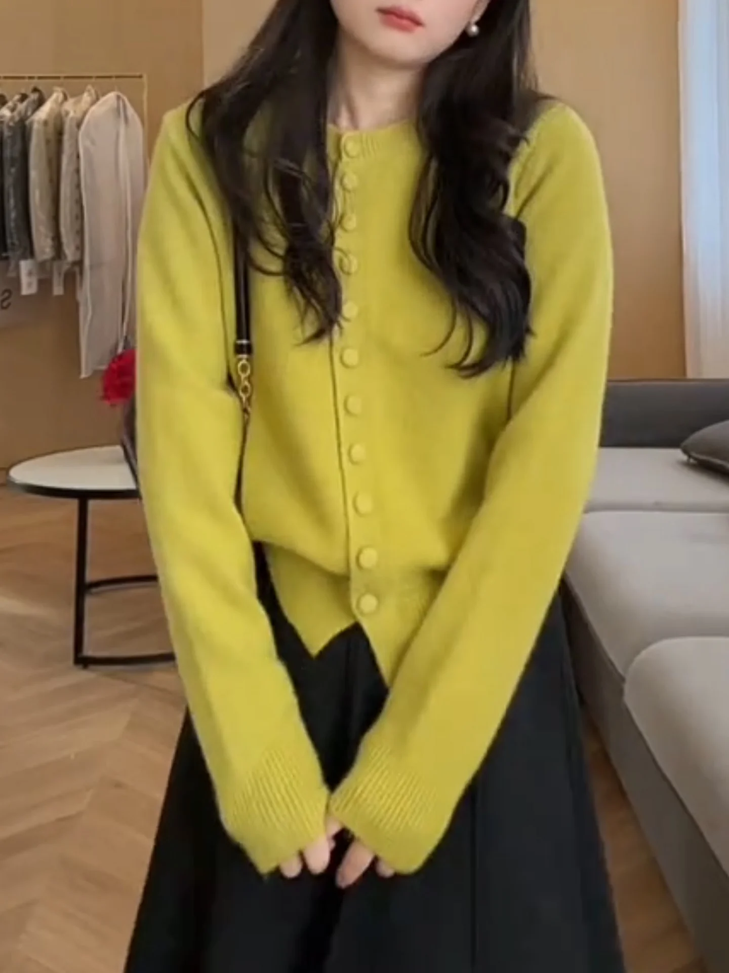 

Sweet Soft Yellow round Ne Knitted Open Cardigan Women's Long Sve Button Versatile Anti-Aging Lazy Sle Top