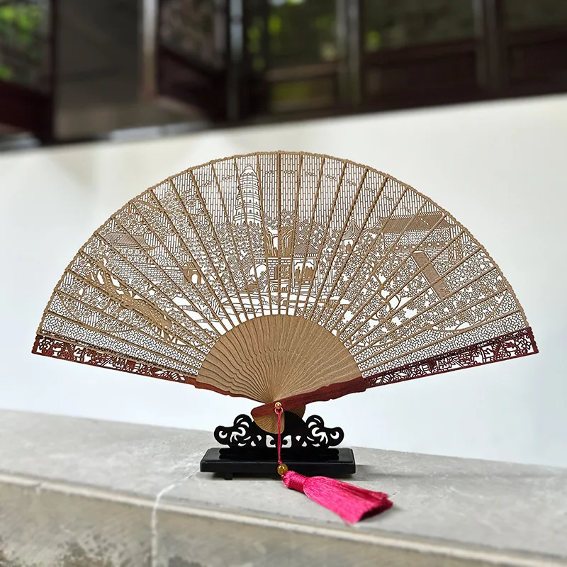 Chinese Sandalwood Fan - 7-inch Burmese incense wood hollowed-out carved folding fan, Chinese-style gift fan - Image 6