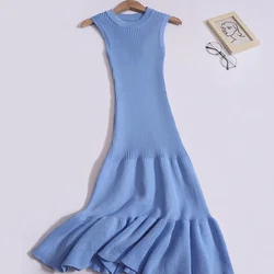 Summer Spice Girl Slim-fit Vests Dress for Women Sexy O-Neck Tight Waist Slim Sleeveless A-line Ruffled Knitted Dress Elegant