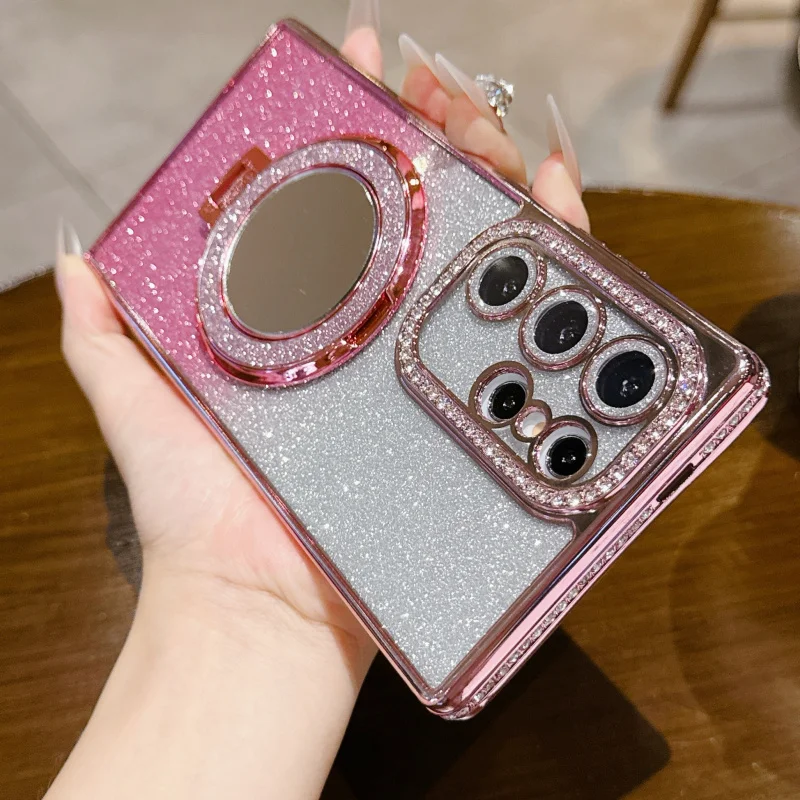 

Rhinestone glitter paper gradient makeup mirror with magnetic stand suitable for SamsungGalaxyS25UltraFull-cover phone case with