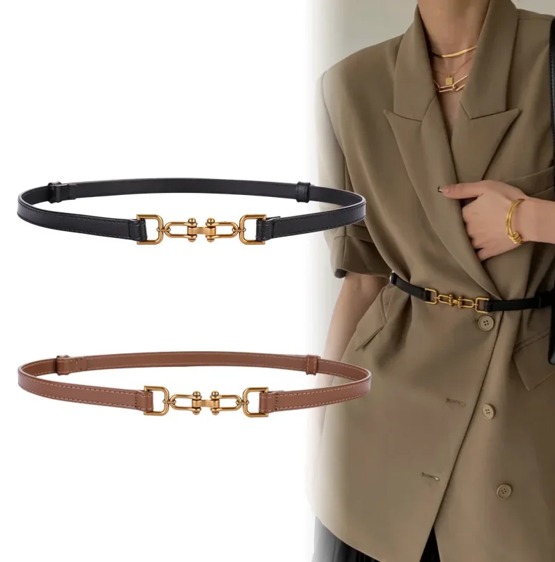 Women's natural leather belt, adjustable thin belt, decorative one-piece sweater, shirt style, high quality