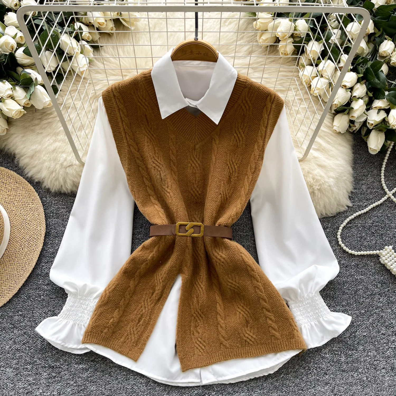 

Two Pieces Women Shirt Solid Blouses Side Slit Belt Sleeveless Knitted Vest Turn Down Collar Single Breasted Shirt 2025 Autumn