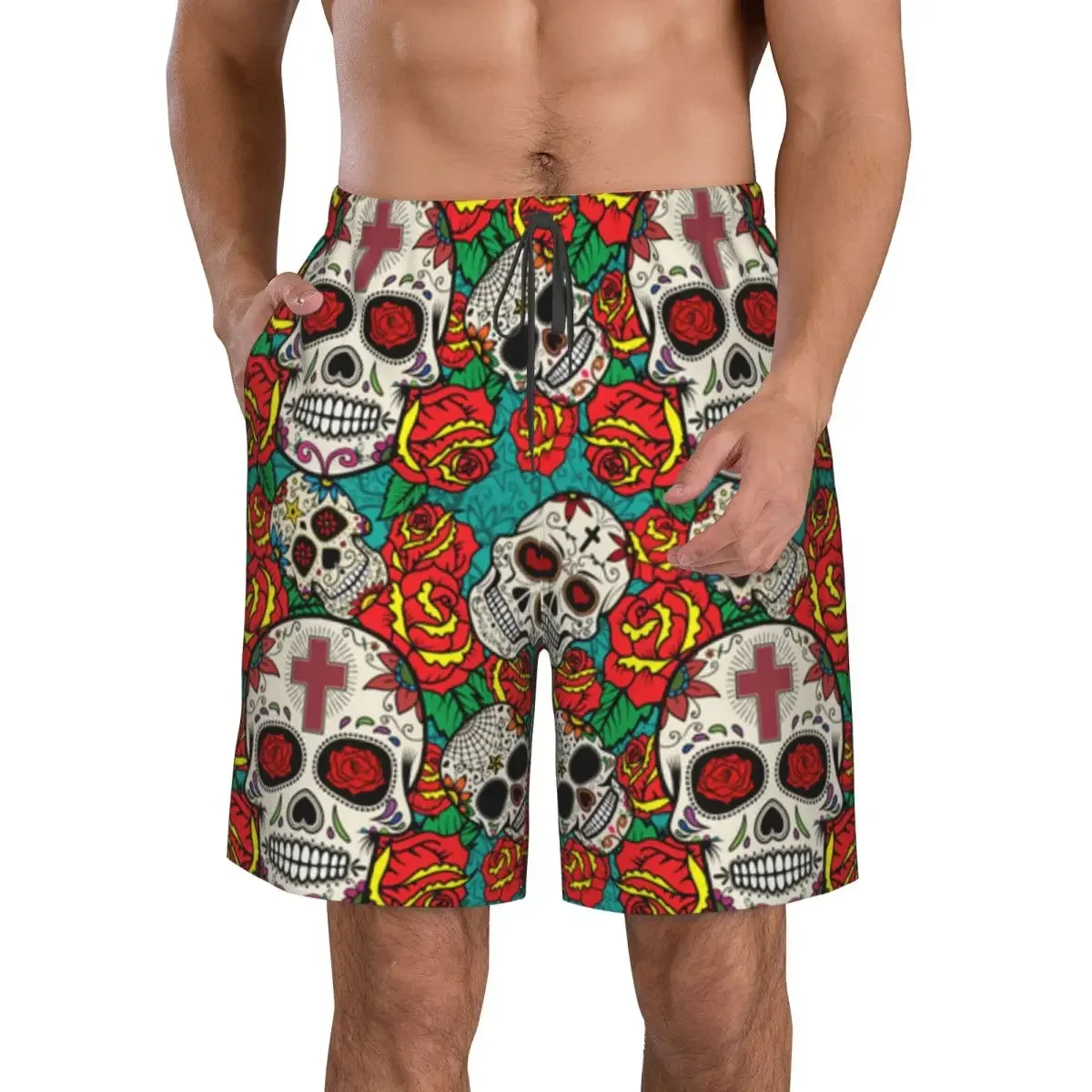 Mens Swimming Shorts Swimwear Sugar Skulls And Roses Men Trunks Swimsuit Beach Wear Boardshorts