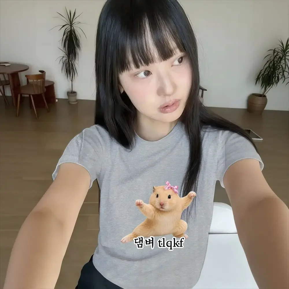 Lustiges Hamster-T-Shirt mit Meme-Grafik, Damen-Sommer-Kurzarmshirt, süßer Kawaii-Print, lässige Damenmode, Harajuku Y2k-Top – Detail 4