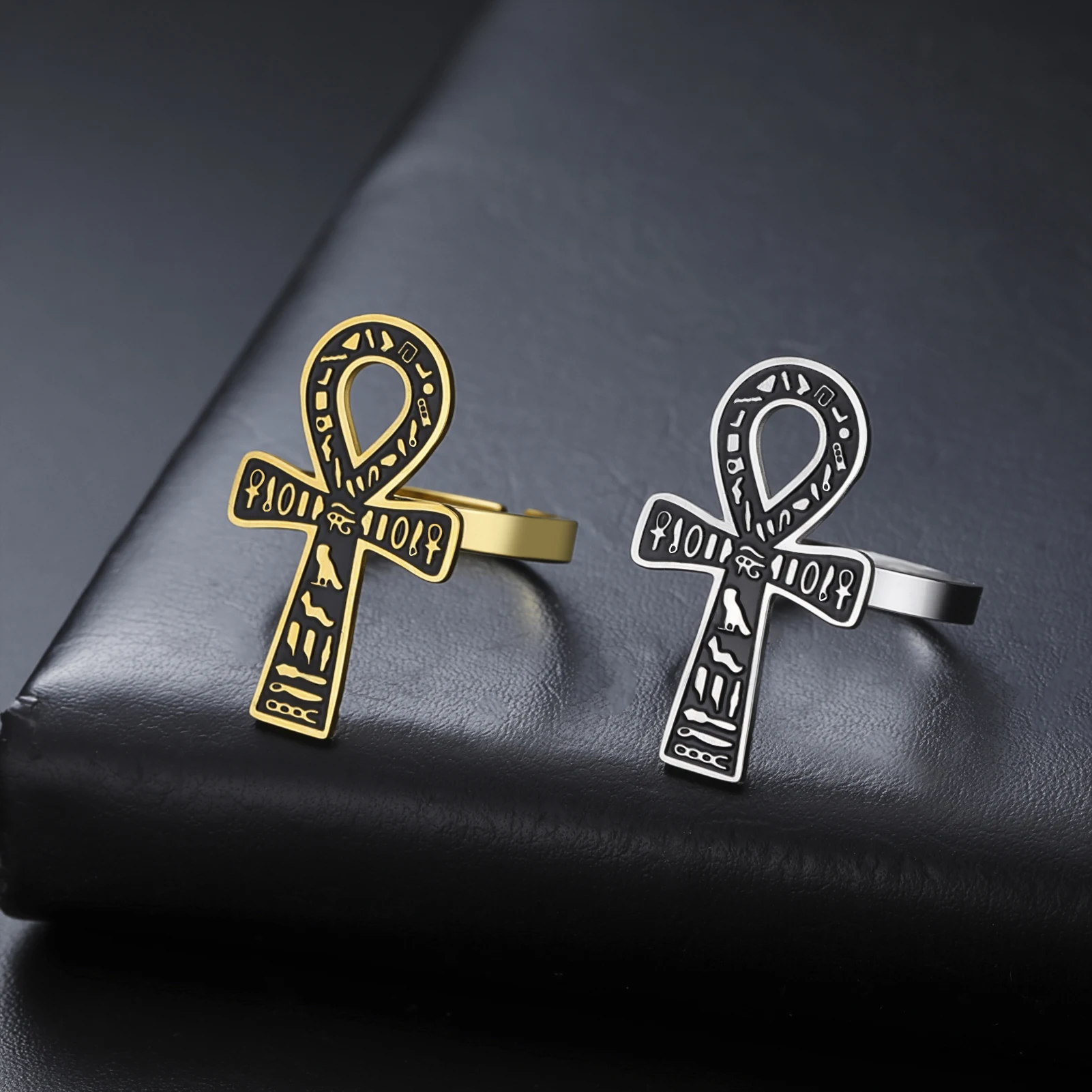 Lemegeton Anka Lebenssymbol-Ringe aus Edelstahl, Ägyptisches Kreuz, Antiker Talisman, Piktogramme, Ring für Männer und Frauen