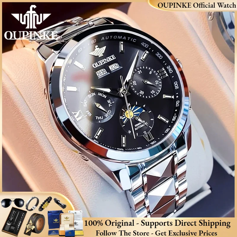 

OUPINKE 3201 Men Watch Luxury Brand All Automatic Mechanical Watch Classic Roman Scale Calendar Waterproof Moon Phase Men Watch