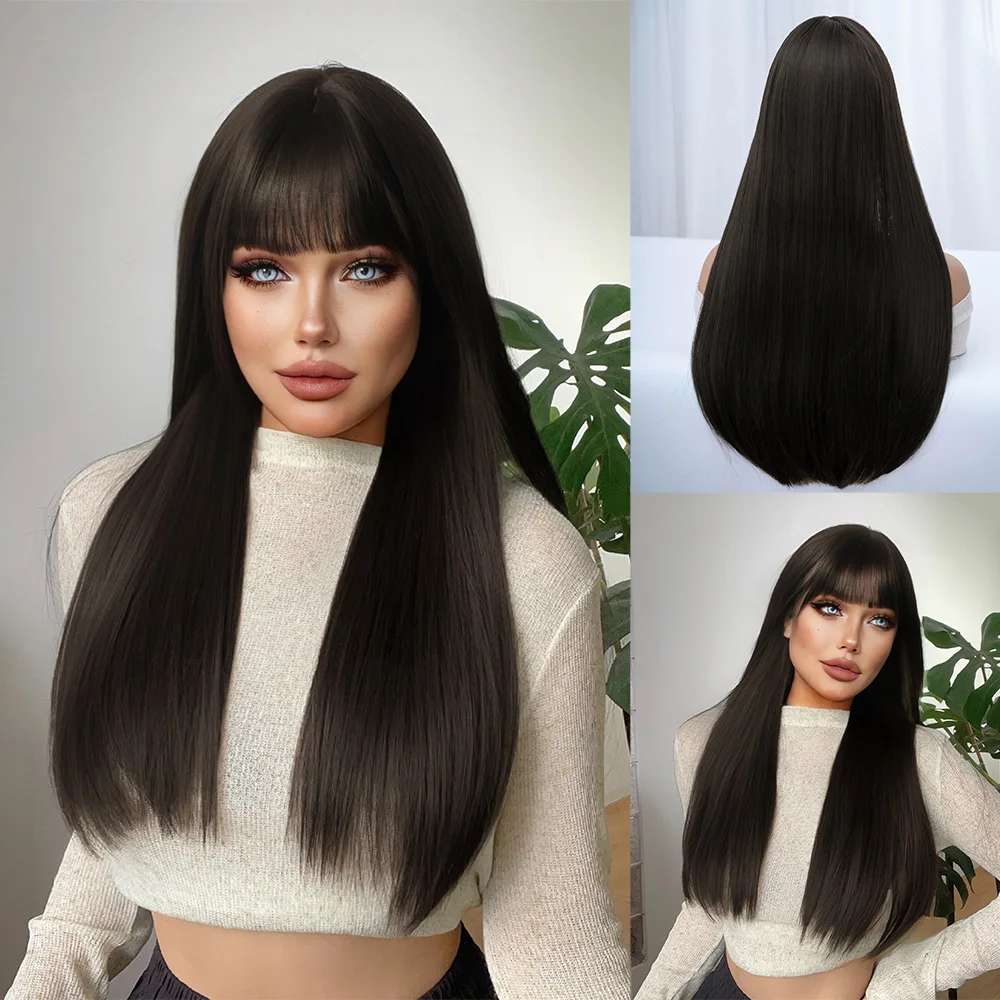 

26Inch Black Brown Color Synthetic Wigs With Bang Long Natural Straight Hair Wig for Women Daily Use Cosplay Drag Heat Resistant