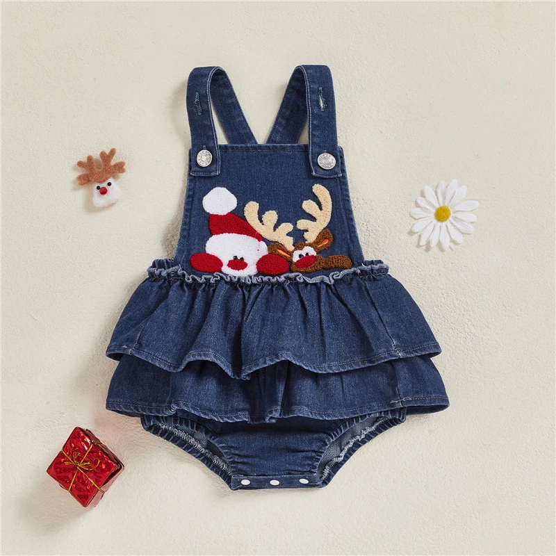 

Newborn Baby Girls Christmas Clothes Denim Romper Dress Overalls Santa Deer Embroidery Casual Sleeveless Jumpsuit 2025