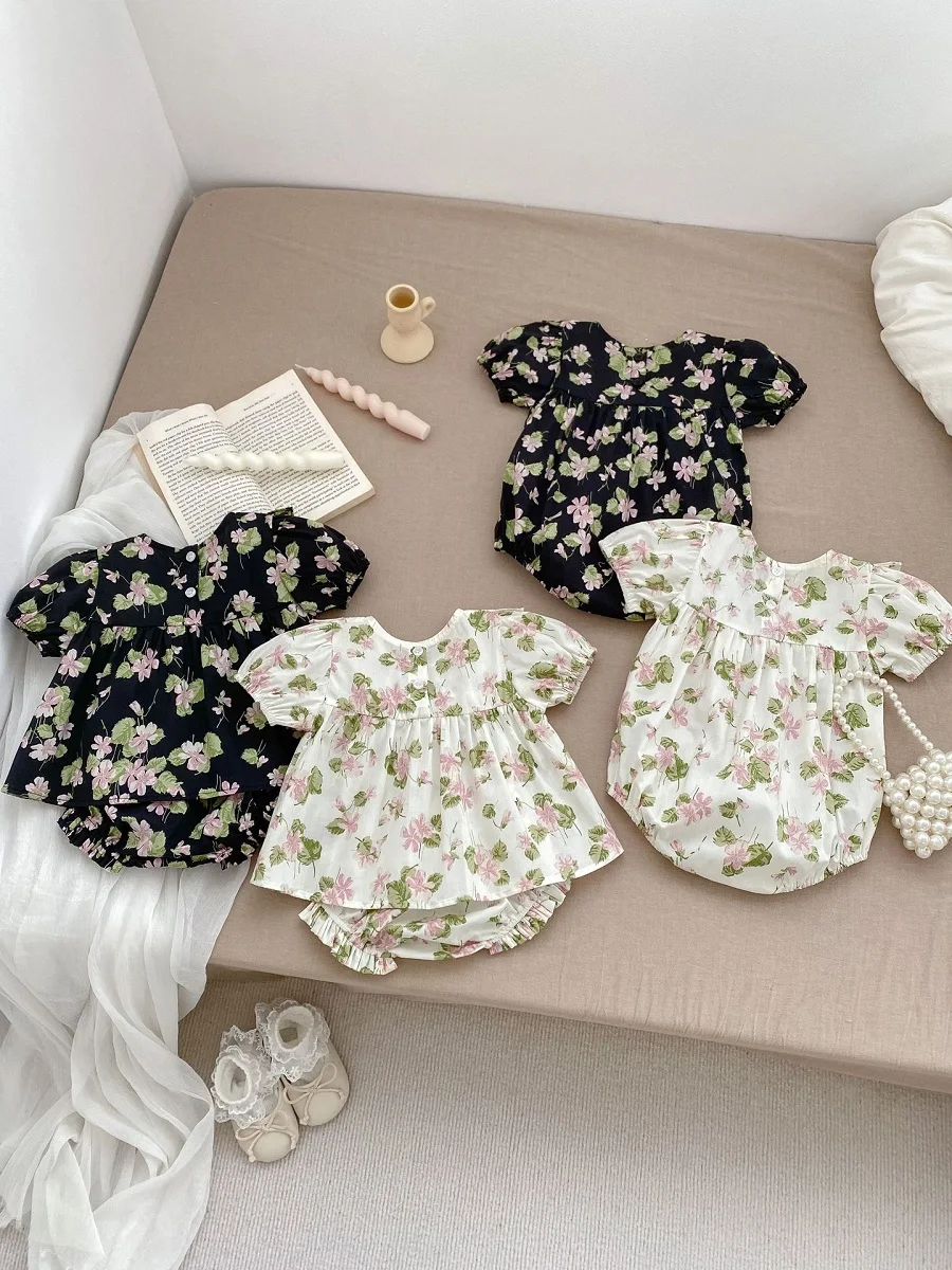 INS Summer Baby Girl Clothes Set Short Sleeve Flower Shirt Tops+Bloomers Shorts 2PCS Outfits Princess Sister Match Romper Suit