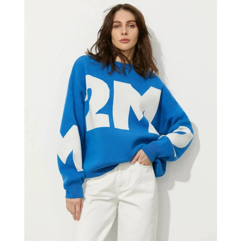 Marineblauwe Oversized Letter Trui Vrouwen Crewneck Casual Gebreide Losse Truien Met Letter Groene Trui Voor Dames Winter 2024