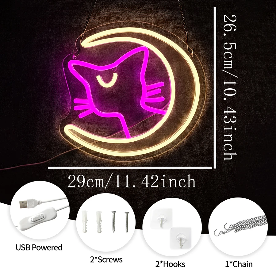 Animation Led Neon Sign, Moon Cat Art Icon, Suitable For Bedroom, Living Room, Game Room, Club Decor, Girl'S Birthday Gift.