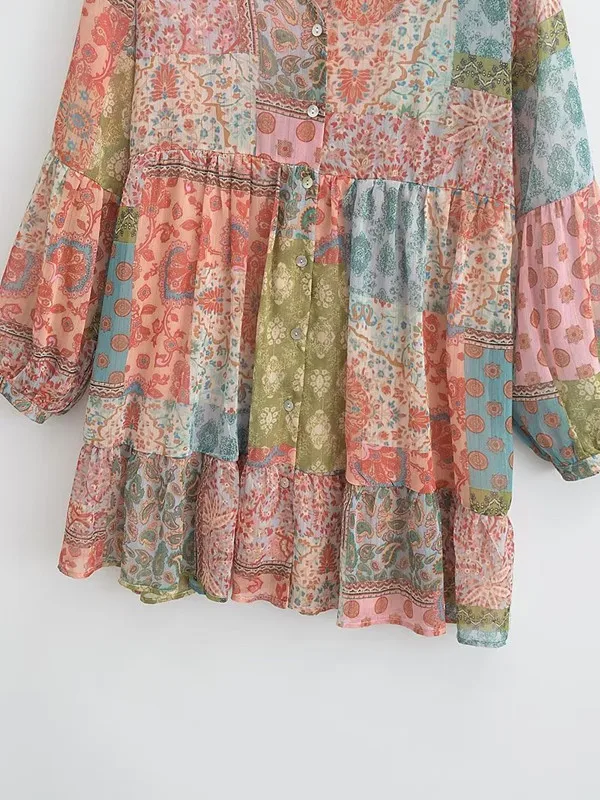 Vestido F de Manga Longa com Estampa em Patchwork, Decote em V, Moda Tendência para o Verão 2023, Saia A-Line de Cintu...