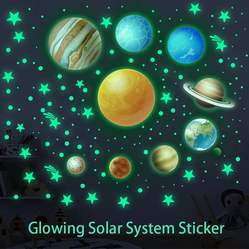 Glow in The Dark Stars Wall Stickers Glowing Solar System Stickers Ceiling Luminous Planet Wall Decals for DIY Kids Room Decor