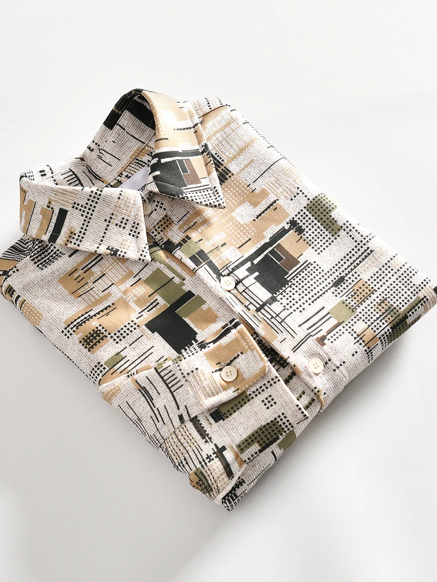 

Men's Long Sleeve Casual Shirt Anti-Wrinkle Spring Fashion Street Style Geometric Print Spread Collar Loose Fit Brea...