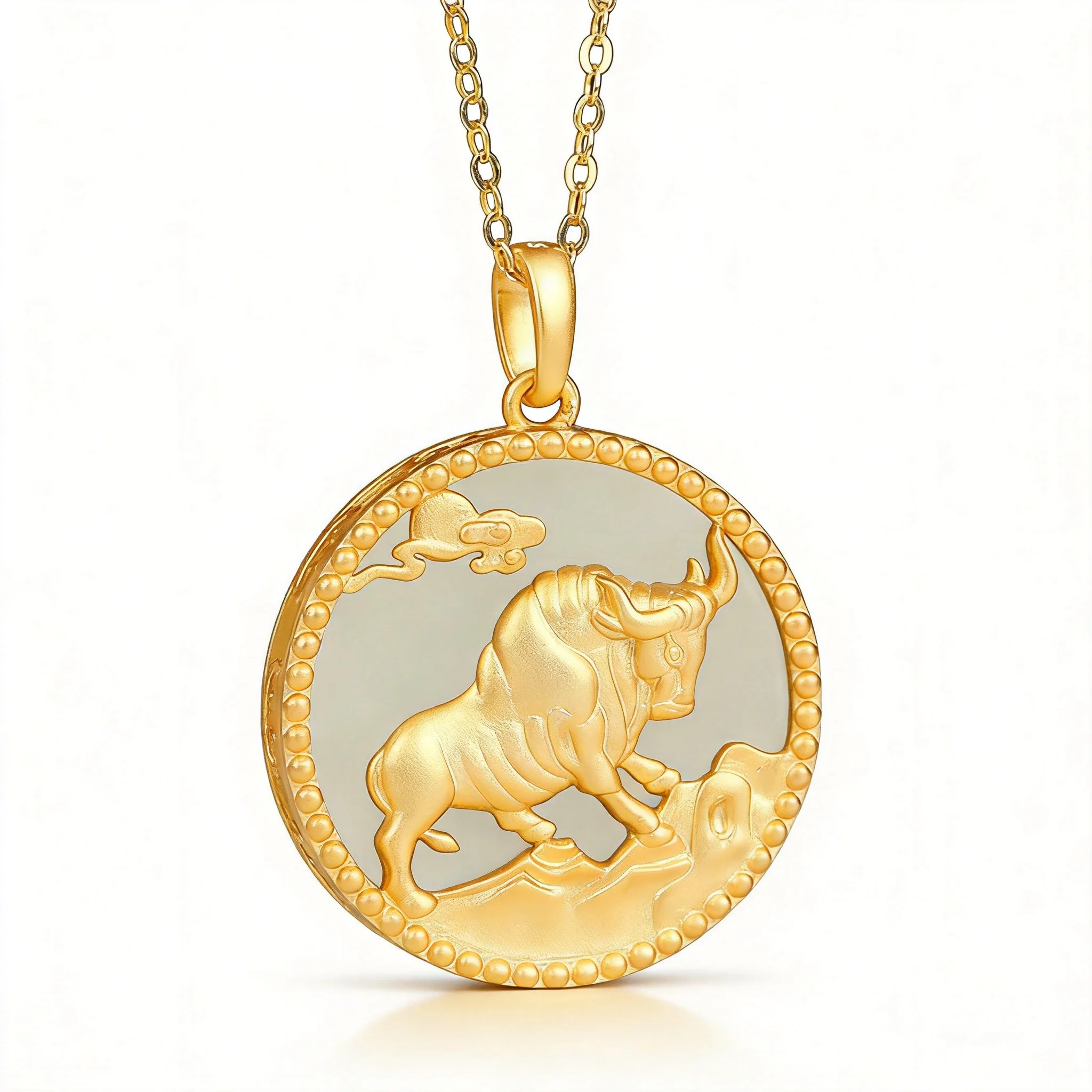 

Chinese Style Lucky Auspicious Hetian Jade Inlaid 925 Sterling Silver Gold Plated Ox Zodiac Round Pendant Necklace For Women Adj
