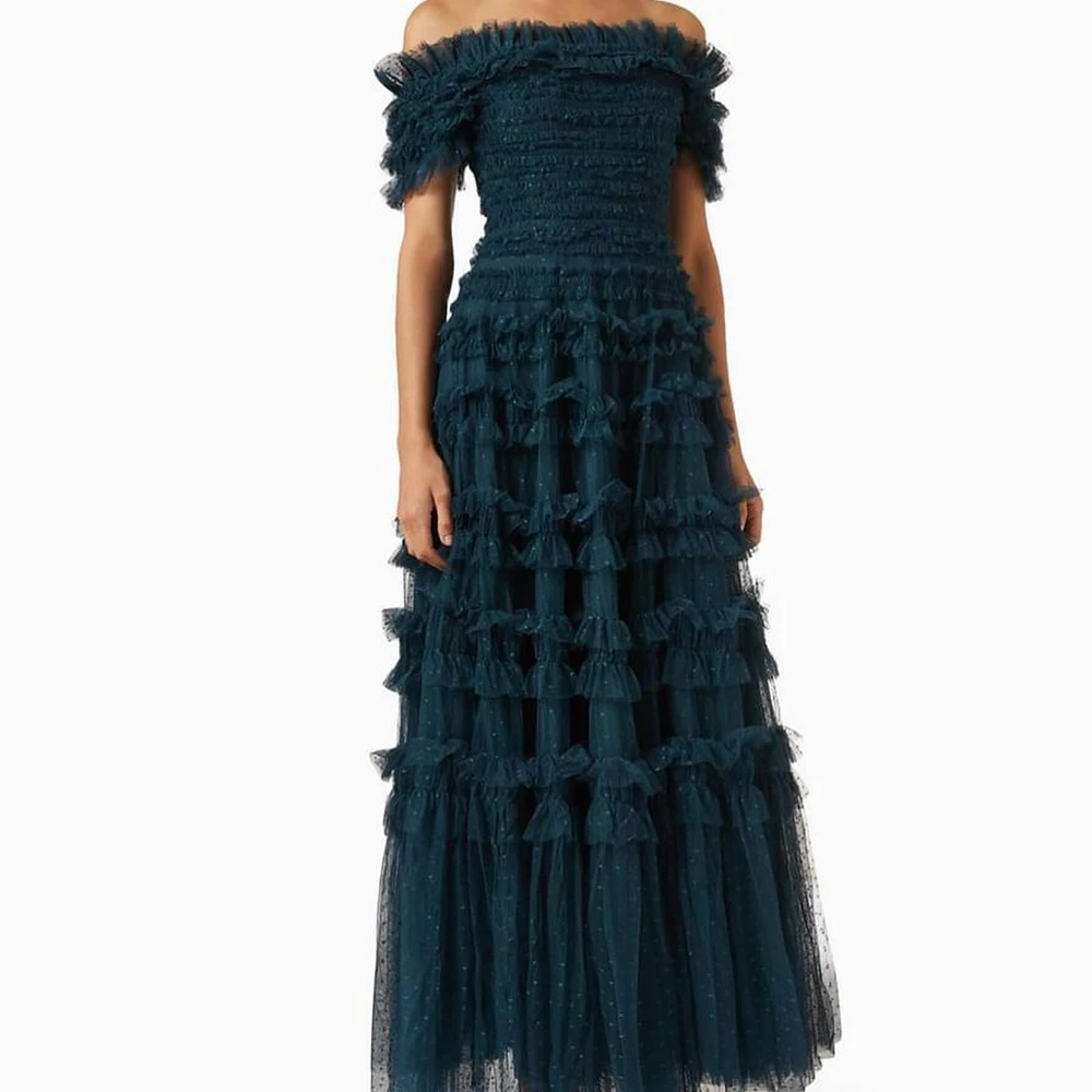 

Customized Modern Sequined Pleats Tiered Evening Dresses Fashion A-Line Off the Shoulder Organza Party Gowns vestidos de fiesta