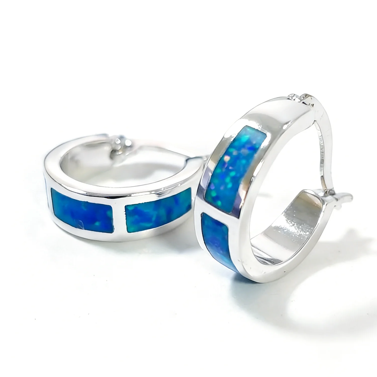 Blue Opal Huggie Hoop Earrings,White K Plated Small Hoop Earrings,Iridescent Opal for Women,Hypoallergenic Dainty Jewelry Gift
