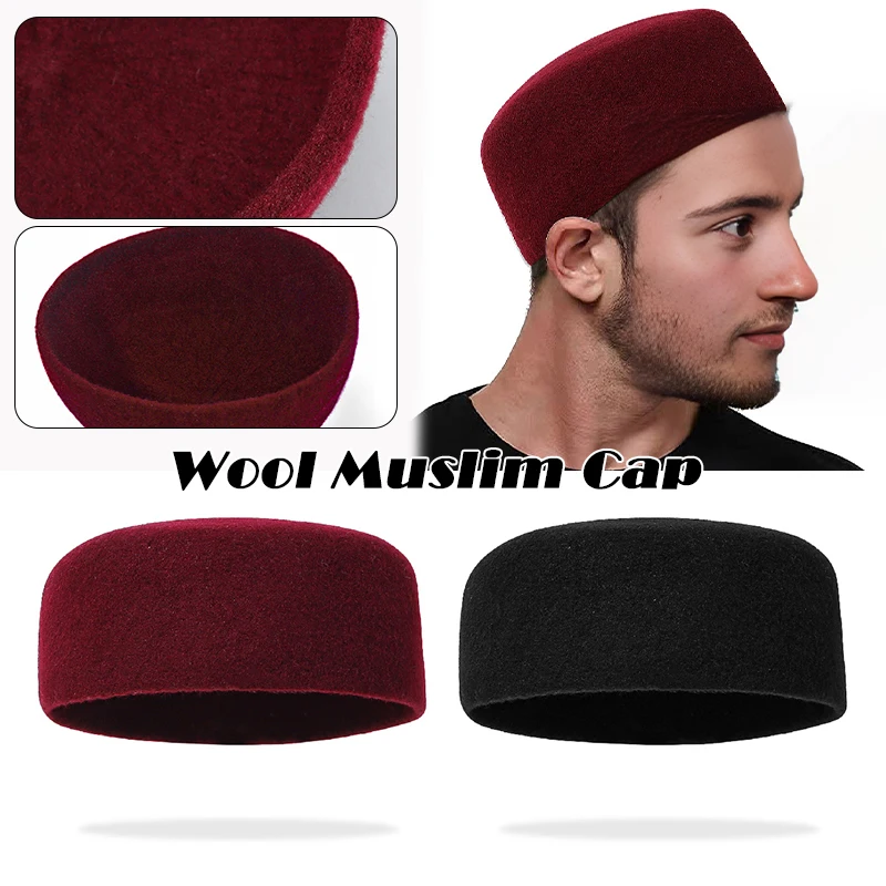 Muslim Caps Men Prayer Hat Winter Warm Solid Color Wool Islamic Hijab Caps Arabic Musulman Headwraps Cap Clothing Accessories