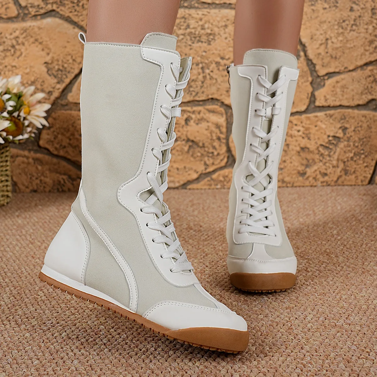 

35-43 Plus Size Shoes for Women Autumn Winter Fashion Women Lace Up Platform Wedges PU Non-slip Mid-calf Boots Women Footwear