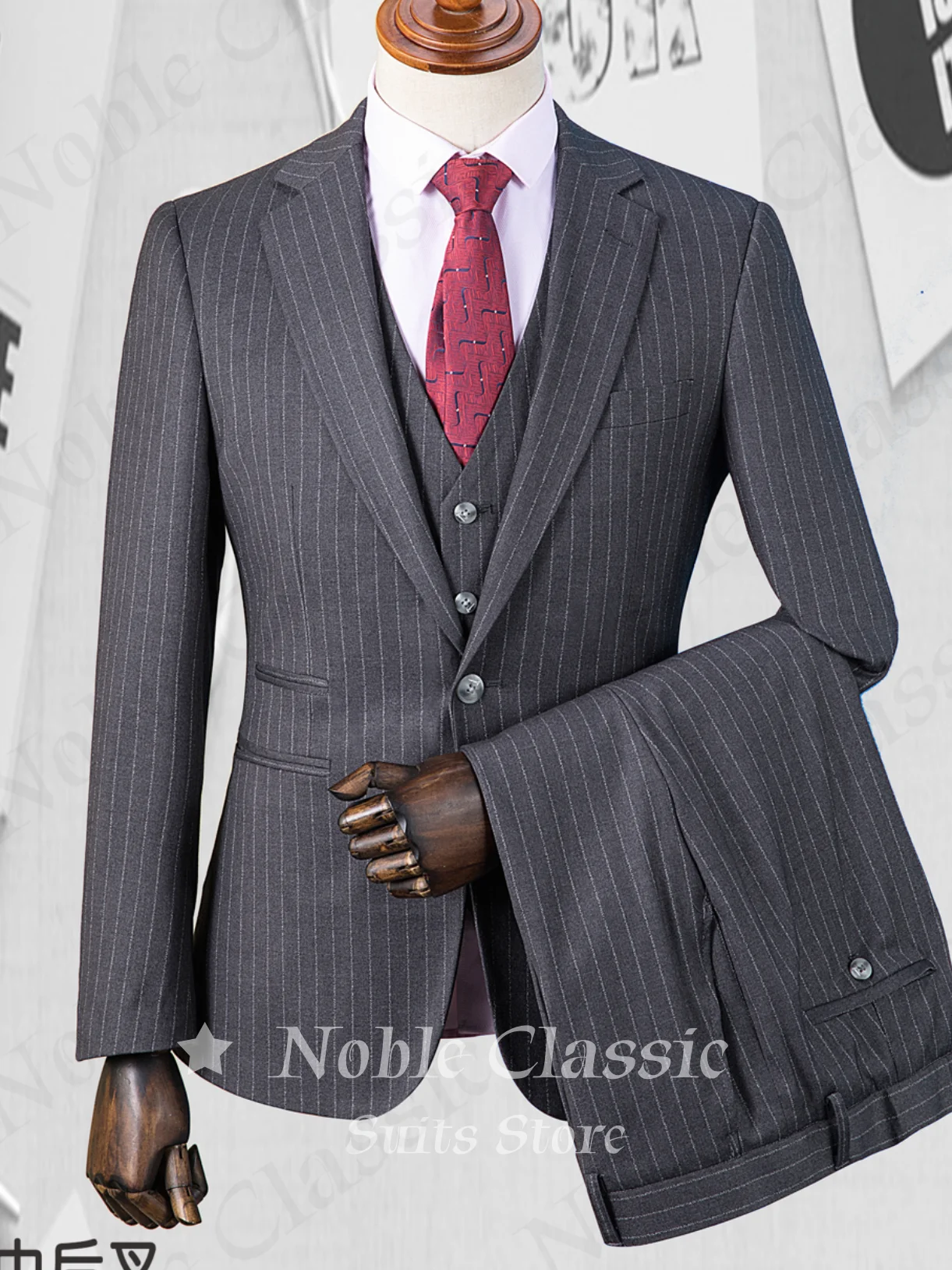 Men Dark Grey Vertical Pinstripe 3 Piece Suit Peak Lapel Two Button Blazer Waistcoat Trousers Wedding Guest Customized