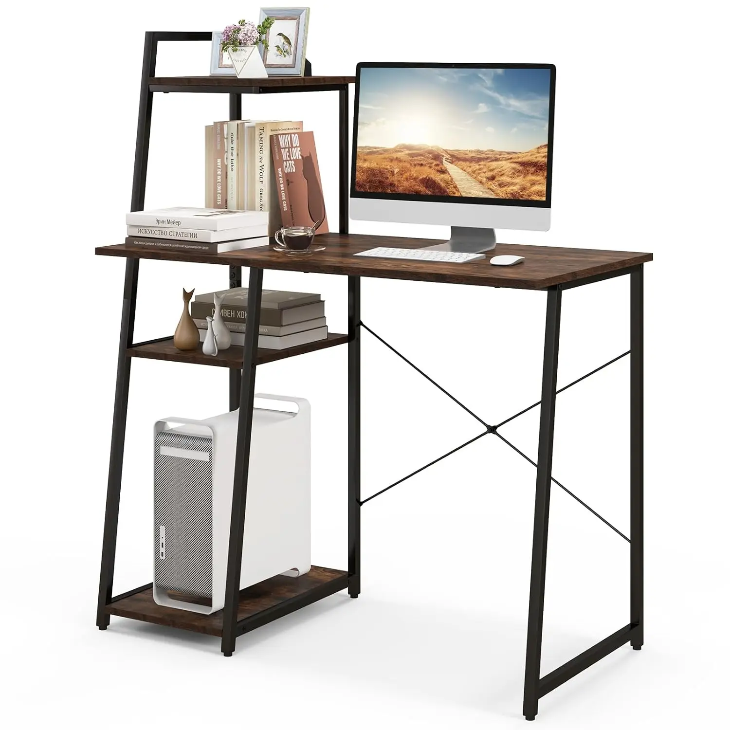 

4-Tier Shelf Computer Desk X-Frame Home Office Study Table Adjustable Foot Pads Wide Top Brown Black, Customized