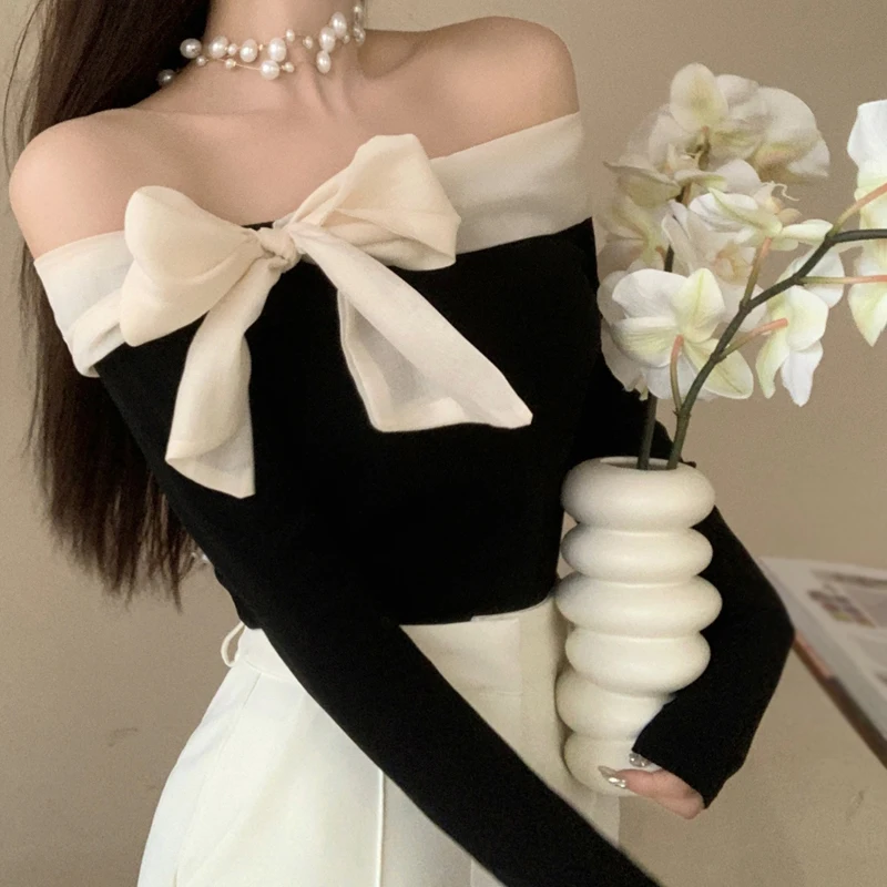 Elegant Women off Shoulder Tops Sweet Bow Contrasting Color Tube Top for Hottie All-Match Romantic Style Long Sleeve Blouse