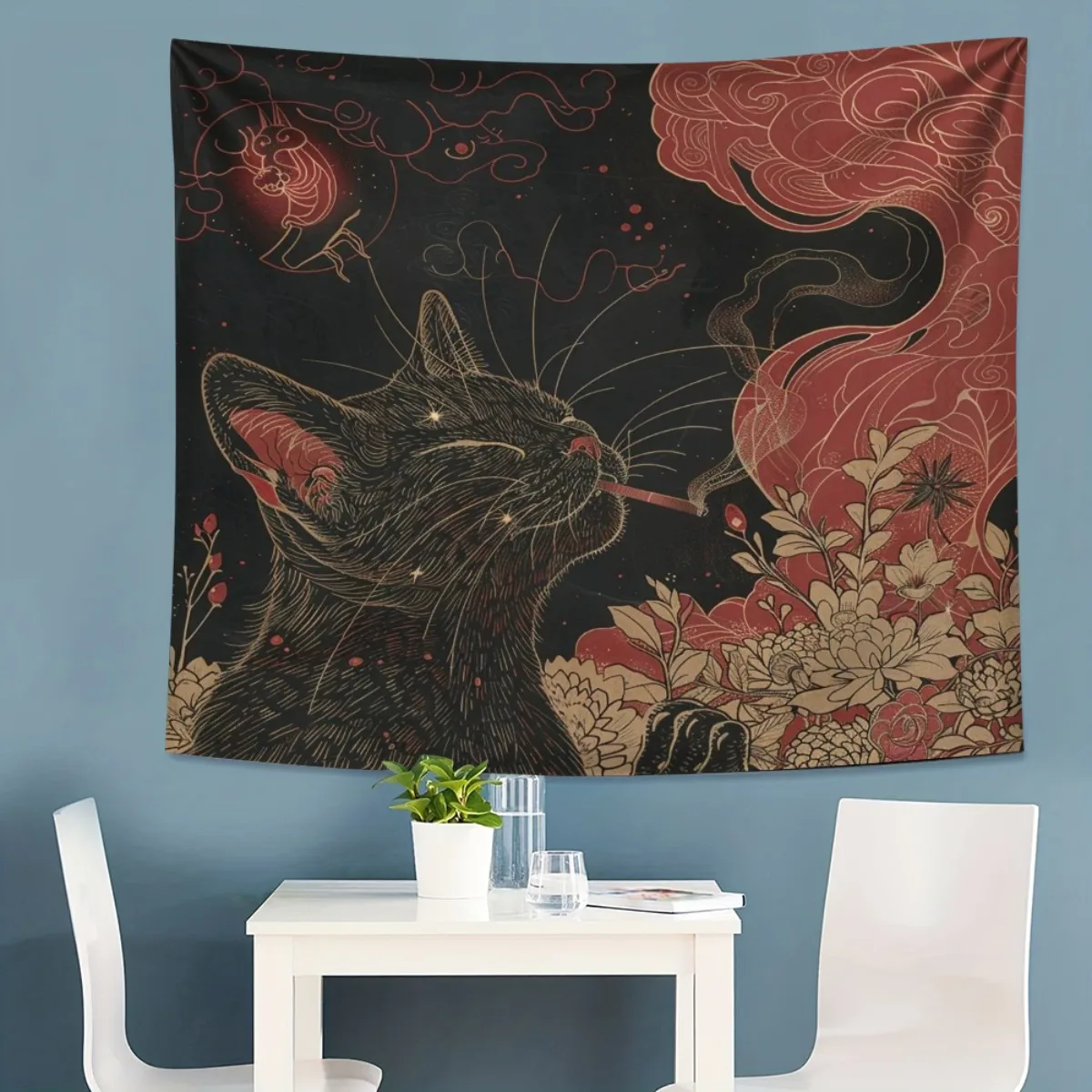 1pc Tapiz de Fondo Fotográfico con Patrón de Gato y Luna, Decoración para Sala, Dormitorio, Oficina, Hogar, Dormitorio Universit