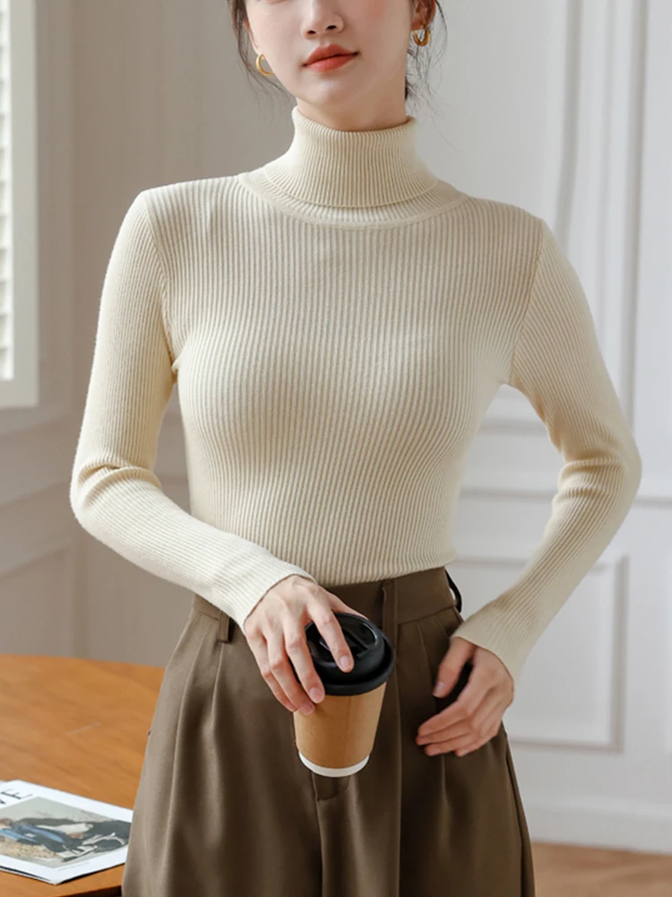 

Осень-зима 2025 г., женский свитер с воротником-стойкой, винтажные базовые однотонные вязаные топы, повседневный тонкий пуловер, простые шикарные корейские джемперы